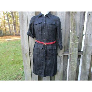 Lauren Ralph Lauren Women's Petite Sz 2 100% Linen Utility Dress Black, red belt